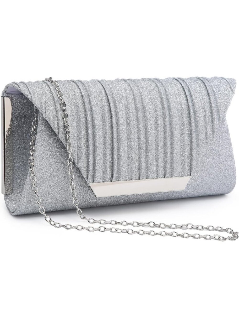 Women Glitter Silver Evening Clutch Purse With Chain Strap Wedding Party Handbag